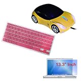 Pink Soft Keyboard Silicone Cover + Clear Screen Protector + Yellow USB Car Mouse for Apple Macbook 13.3 Laptop