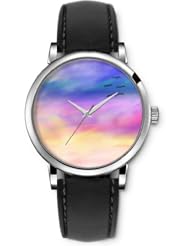 SPRAWL Aanalog Fashion Series Silver Ladies Watches of Genuine Black Leather Strap,Unique Wrist Watch for Women Girls Designed with Pigeons on colorful sky