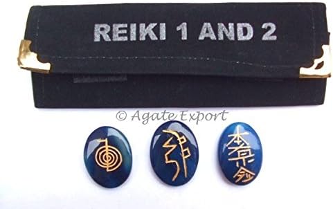 Reiki Crystals ~ Blue Onyx ~ Set of 3 Reiki 1 & 2 Energy Healing Stones Engraved w/ Usui Reiki Symbols ~ Includes Velcro Pouch