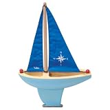 Wooden Sail Boat Light Blue , large with Blue Sail