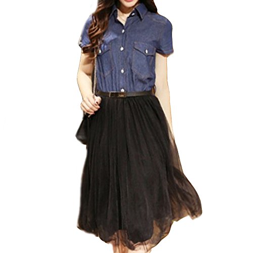 （イーグローバル)e-Global ワンピース デニム チュールスカート ドッキング レディース ブルー M L XL