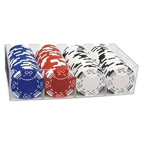 100 clay poker chips, stripe w/poker suits, in Lucite box
