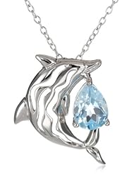 Sterling Silver Blue Topaz Dolphin Pendant Necklace, 18"