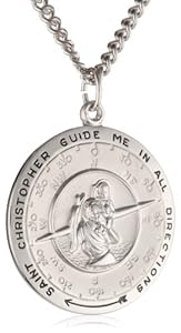 Men's Sterling Silver Round Saint Christopher Pendant Necklace with Compass Design, 24