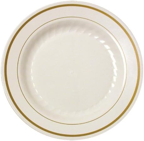 Pack of 75 Plastic China 6" Appetizer / Dessert Plate BONE with GOLD Bands