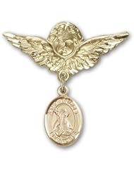 Gold Filled Baby Badge with St. Bridget of Sweden Charm and Angel with Wings Badge Pin