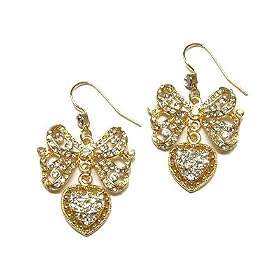 Gold Crystal Ribbon Heart Party Fancy Fashion Earrings