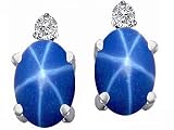 3.04 cts Lab Created Star Sapphire and Genuine Diamond Earrings - 14kt White or Yellow Gold