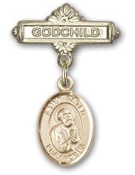 14K Gold Baby Badge with St. Peter the Apostle Charm and Godchild Badge Pin