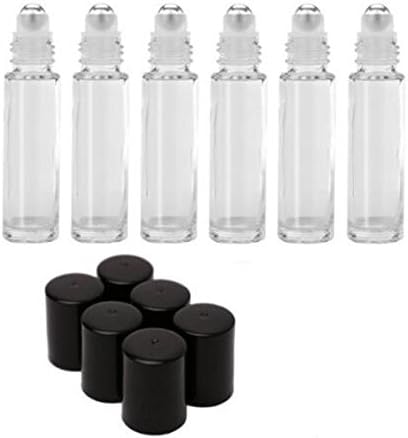 6 New, High Quality, Clear, 10 ml Glass Roll - on Bottles with Stainless Steel Roller Balls - .5 ml Dropper included For Oil,Aromatherapy,Perfumes and Lip Balms - White