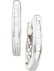 14KT White Gold 0.25 CTW Bagguette Diamond Ladies Fashion Hoops Earrings