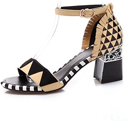 AllhqFashion Women's Round Open Toe Cow Leather Kitten Heels Stripe Samdals with Assorted Colors, Yellow, 4.5 B(M) US