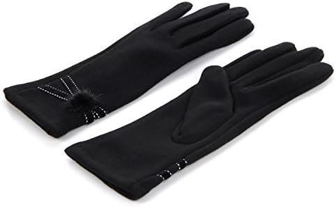 Elegant Women's Winter Thermal Gloves with Velvet Ribbon & Pom, Black, M/L