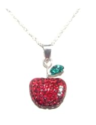 Cute Red Apple Necklace on 16" rolo chain. Solid sterling silver 925 and swarovski crystals.