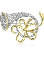 Alexander James White Gold and 14k Gold Bonded Holiday Horn Brooch with Round Cut Clear Cubic Zirconia Accents in a Goldtone