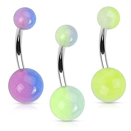 Surgical Steel Navel Belly Button Ring with 2-Tone Glow in the Dark Ball - 14GA 7/16