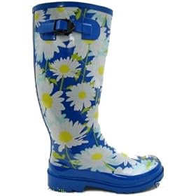 Ladies New Blue Flower Wellies Wellington Boots