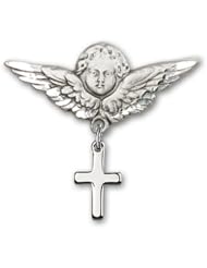 Sterling Silver Baby Badge with Cross Charm and Angel with Wings Badge Pin
