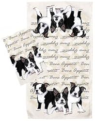 Boston Terrier Puppies Set 2 Dish Kitchen Towels Gift New