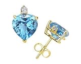 5mm Heart Blue Topaz and Diamond Stud Earrings in 14K Yellow Gold