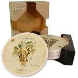 Light and Dark Grapes Absorbent Stone Ceramic Coasters in Wood Holder, Wine and Food Themes