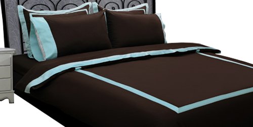 Gramercy Park Banded Border Percale 300 Thread Count Cotton Full/Queen Duvet Cover Set, Aqua / Chocolate Gramercy Park Banded Border Percale 300 Thread Count Cotton Full/Queen Duvet Cover Set, Aqua / Chocolate