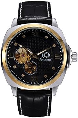 Gucamel Men's Semi-automatic Mechanical Black Cow Leather Quartz Cryatal Analog Wrist Watch