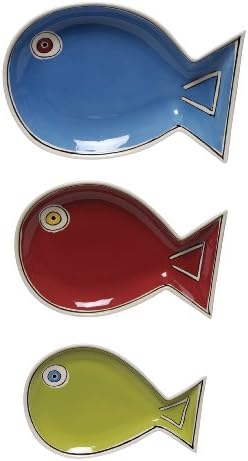 Set of 3 Nesting Fish Platters - Hand Painted Ceramic Pottery Red, Green and Blue - 11" to 15" - Microwave and Dishwasher Safe - New