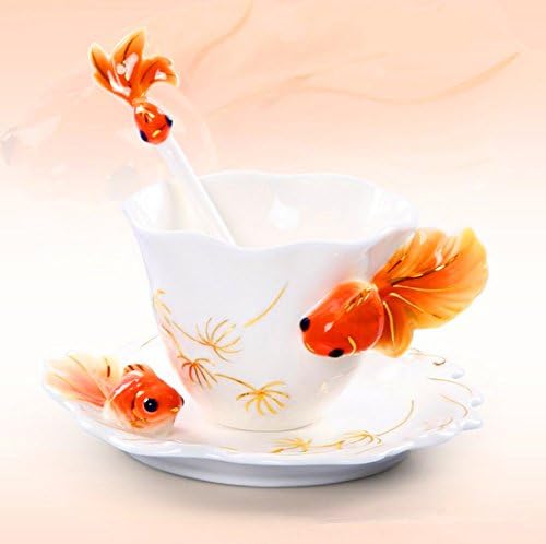 CANDACELL®Collectable Fine Arts China Porcelain Tea Cup and Saucer Coffee Cup Theme Romantic Creative Present/Rhinestone China Porcelain Tea Mug Coffee Cup and Saucer Set (Goldfish, Orange)