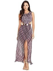 Belted Keyhole Asymmetric Cutout Wrap Sleeveless Metallic/Polyester Leopard Print Round Neck Maxi Dress 