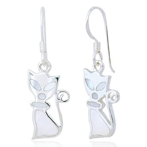 Sterling Silver Natural White Mother of Pearl Shell Cat Dangle Earrings