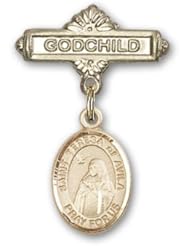 14K Gold Baby Badge with St. Teresa of Avila Charm and Godchild Badge Pin