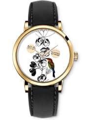 SPRAWL Aanalog Fashion Series Gold Ladies Watches of Genuine Black Leather Strap,Unique Wrist Watch for Women Girls Designed with Bird colorful flowers on gray