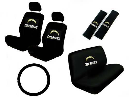 11 Piece NFL Auto Interior Gift Set - San Diego Chargers - A Set of 2 Seat Covers, 1 Rear Bench Cover, 1 Steering Wheel, and A Set of 2 Seat Belt Pads