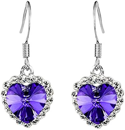 Mikiy Women's Fashion Heart Shaped Diamond Crystal Dangle Earrings(Dark Purple)