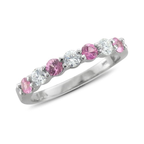 14k White Gold 7 Stone Natural Pink Sapphire Diamond Ring (G,