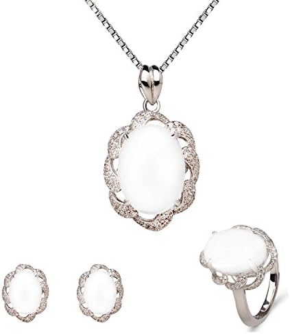 18K White Gold Plated Sterling Silver Natural White Jade Pendant Necklace, Rings, Earrings 18" YBJ-26