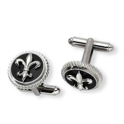 Titanium with Black Enamel Fleur De Lis Cuff Links