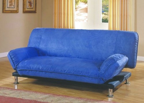 Contemporary Blue Microfiber Futon Sofa w/Mattress Pad