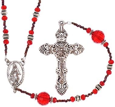 Heirloom Quality Oval Holy Blessed Virgin Mary Medal Vintage Design Pendant Rosary with 5 x 5mm Capped Antique Silver Rondelle Tibetan Style and Capped Round Red Transparent Glass Our Father Beads with Tibetan Style Ornate Crucufix Gift Boxed