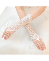 Valdler Bridal Lace Rhinestone Fingerless Gloves for Wedding Party Prom White