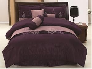 Chezmoi Collection 7 Pieces Faux Silk Purple & Lilac Embroidery Tree Design Comforter 86