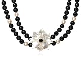 Freshwater Cultured Pearl, Black Agate and Mother-of-Pearl Flower Necklace, 18"