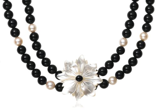 Freshwater Cultured Pearl, Black Agate and Mother-of-Pearl Flower Necklace, 18