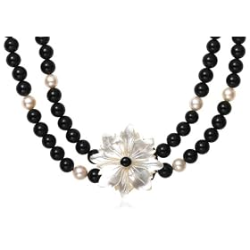Freshwater Cultured Pearl, Black Agate and Mother-of-Pearl Flower Necklace, 18 by Amazon.com Collection
