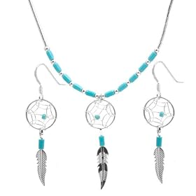 Turquoise and Sterling Silver Dream Catcher Earrings and Necklace Set 18": Ian and Valeri Co.: Jewelry