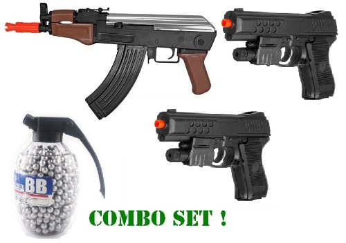 Airsoft Gun Combo Set: Spring AK47 Stubby Killer FPS-240 High Capacity Magazine, 2 Spring Compact Airsoft Pistol with Laser and Flashlight FPS-200, 800 Count Grenade BB