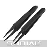 ツール，SODIAL(R)4.5"長さの丸黒静電気防止ピンセット2枚入り