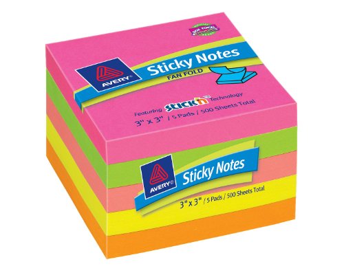 Avery Sticky Notes, 3 x 3 Inches, Fan-Fold, Bright Colors, 500 Sheets (22583)