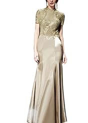 A-line Satin/Silk Embroidered Beaded Mesh Lace Backless Cocktail Floor Length Short Sleeves Mermaid Homecoming Dress/Pageant Dress/Prom Dress/Party Dress/Wedding Dress 